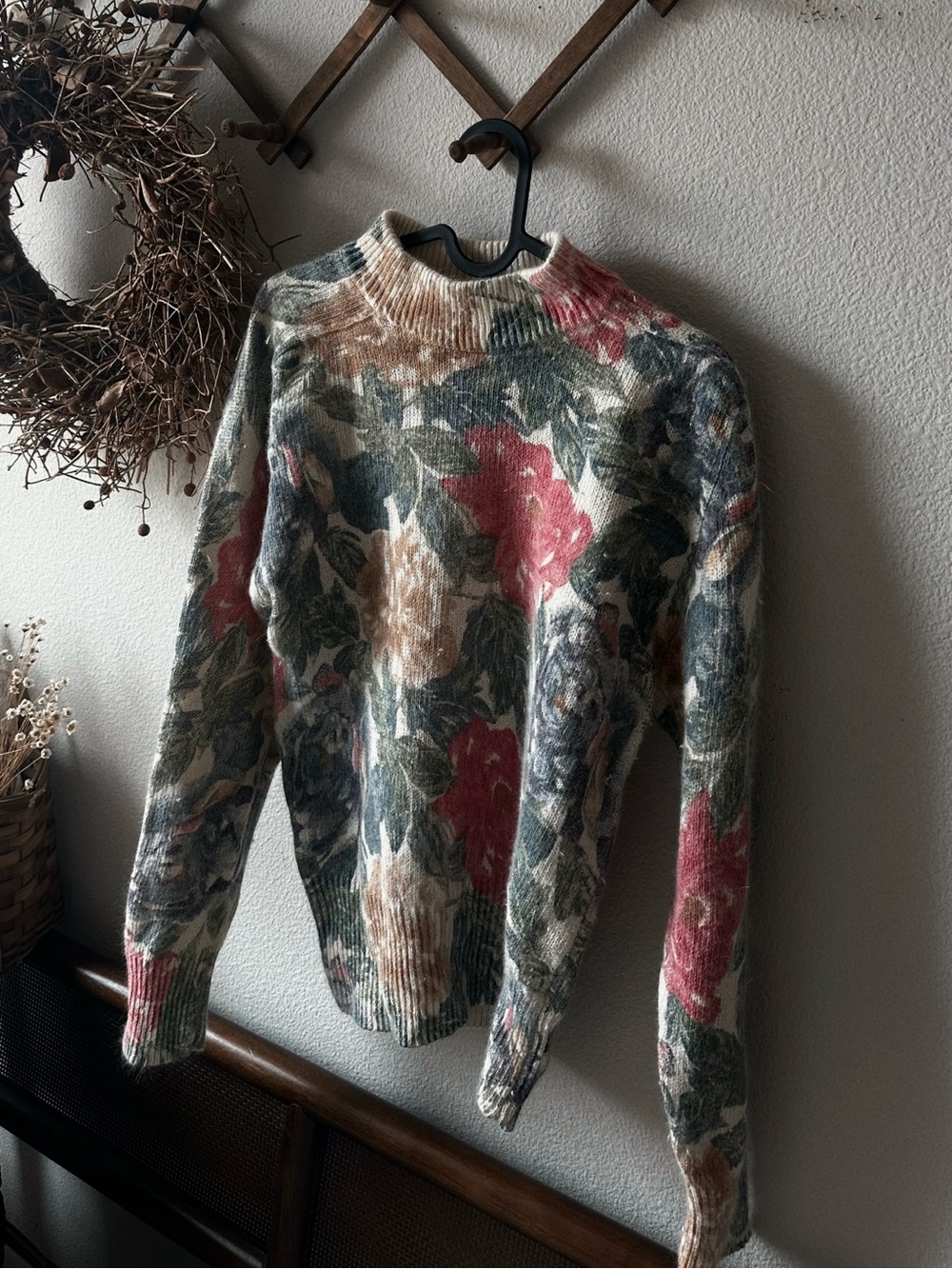 SILK Rothschild Floral Turtleneck Sweater in Cream, Green & Red